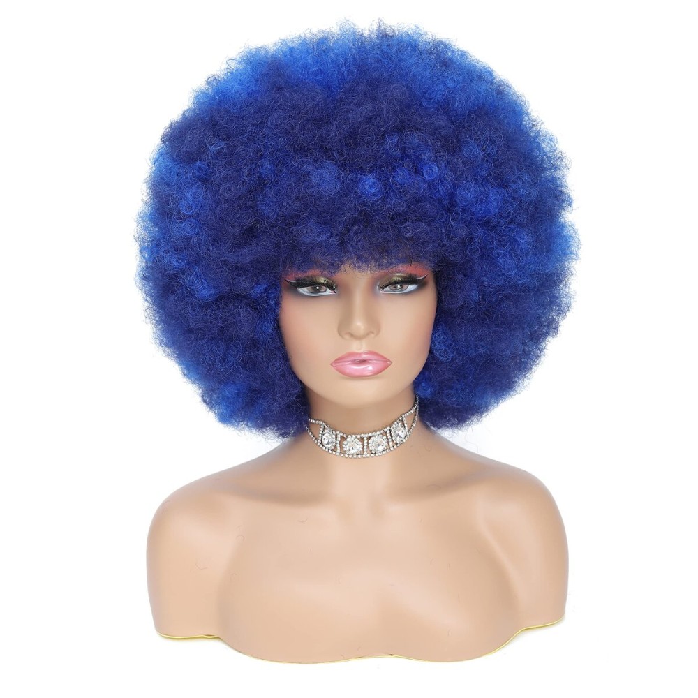 JSDshine 70s Afro Kinky Curly Wig For Women - Soft, Bouncy, Natural Looking Synthetic Hair - Blue Color, With Bangs