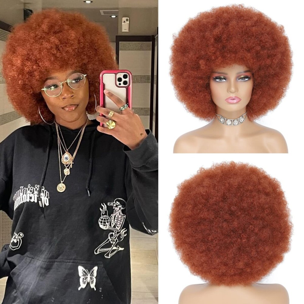JSDshine 70s Auburn Afro Wig For Women Soft Afro Kinky Curly Hair Wigs With Bangs Afro Curly Wig For Men Bouncy Copper Red Puff Synthetic Hair Wig For Daily Party Use
