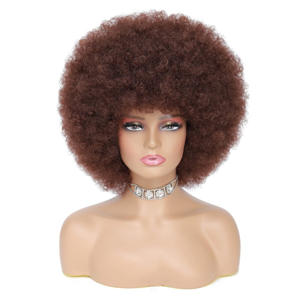JSDshine 70s Afro Kinky Curly Wig For Women, Brown, Synthetic Fibers, Soft, Bouncy, Natural Looking, With Bangs