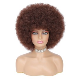 JSDshine 70s Afro Kinky Curly Wig For Women, Brown, Synthetic Fibers, Soft, Bouncy, Natural Looking, With Bangs