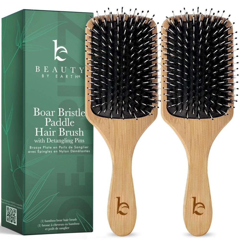 Beauty by Earth Boar Bristle Brush - Premium Paddle Brush for Fine, Thick, and Thinning Hair for Men and Women