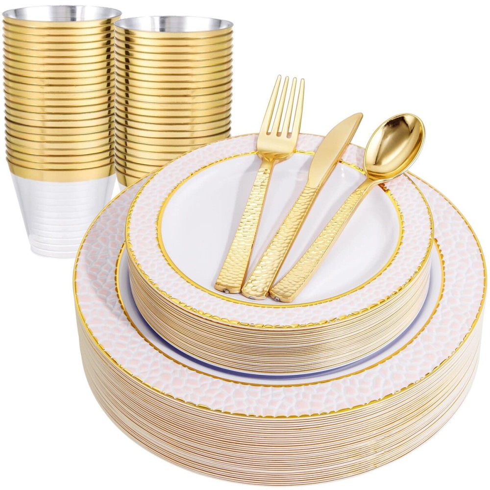 Ciaell 150PCS Pink Plastic Plates - Disposable Pink and Gold Plates Set include 50Plates, 25Forks, 25Knives, 25Spoons, 25Cups for Wedding & Party