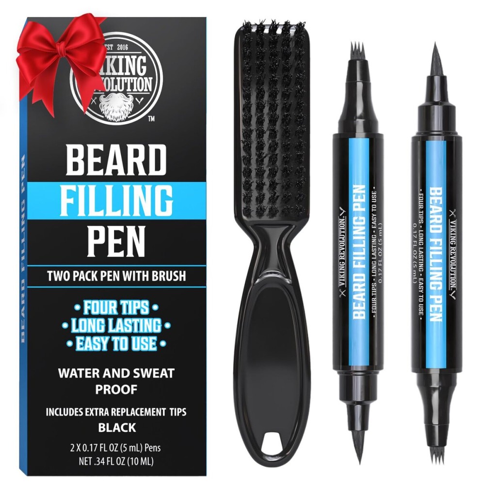 Viking Revolution Beard Pen (2 Pack) - Black Beard Pencil Filler for Men Lapiz para Barba de Hombre - Beard Filler for Men Waterproof Beard Filling Pen Kit - Long Lasting Beard Filler Pen with Brush