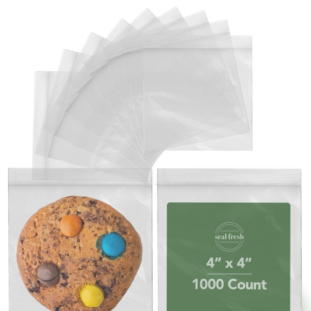 Seal Fresh Zip Bags - 4x4 Inches (1000 Count), 2 Mil - Clear Plastic Reclosable LDPE Poly Baggies with Resealable Lock Seal Zipper - For Snacks, Sandwiches, Cookies, Candies, Treats, Pastries, Party