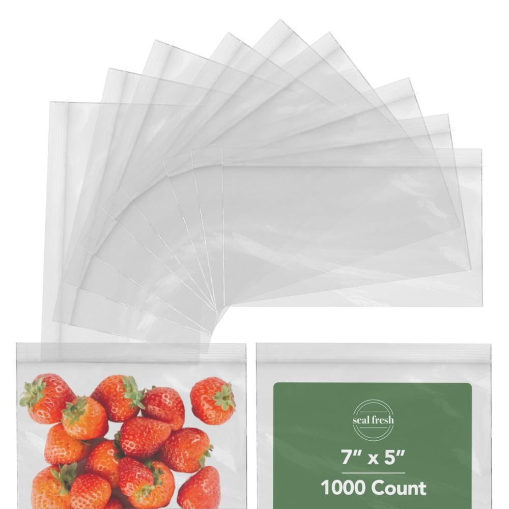 Seal Fresh Zip Bags - 7x5 Inches (1000 Count), 2 Mil - Clear Plastic Reclosable LDPE Poly Sandwich Baggies with Resealable Lock Seal Zipper - For Snacks, Cookies, Candies, Treats, Pastries, Party