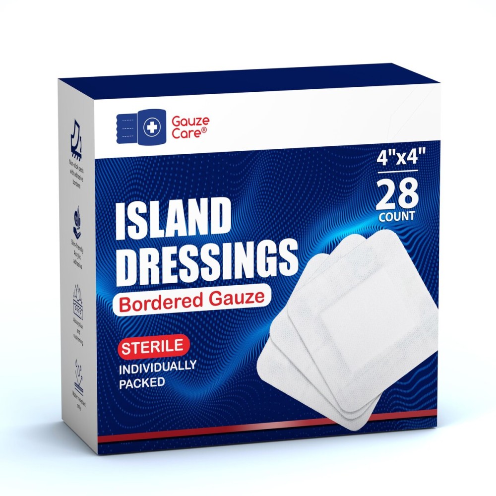 GauzeCare Island Dressing 4x4 inch 28 Pcs| Individually Packed Sterile Pouches| 2x2 Non-Stick Pad in Center with Acrylic Adhesive Borders| Water-Resistant Adhesive Pads for Wound Care and Dressing