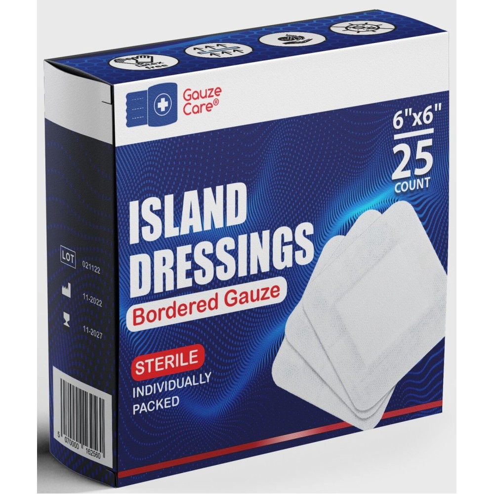 GauzeCare Island Dressing 6x6 (inch) 25 Pcs| Individually Packed Sterile Bordered Dressing | 4x4 Non-Stick Pad in Center with Acrylic Adhesive Borders| Water-Resistant Adhesive Pads for Wound Care