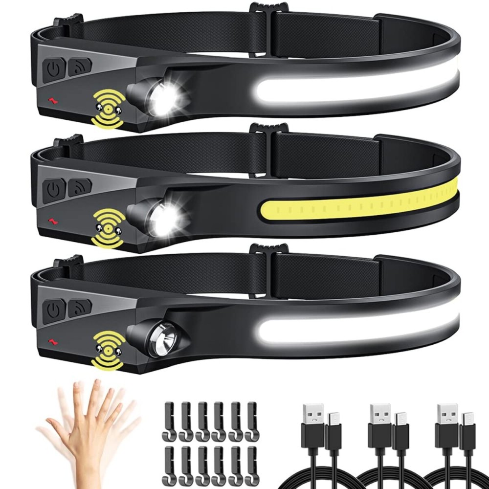 UUYEE Headlamp Rechargeable 3Pack, LED Headlamp Flashlight with Motion Sensor, 230 COB Wide Beam Head Lamp, 5Mode Head Lights for Forehead Waterproof, Bright Headlamps for Adults Running Camping