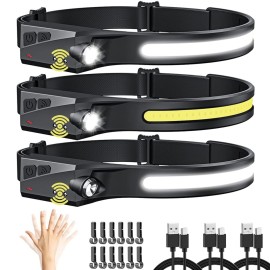 UUYEE Headlamp Rechargeable 3Pack, LED Headlamp Flashlight with Motion Sensor, 230 COB Wide Beam Head Lamp, 5Mode Head Lights for Forehead Waterproof, Bright Headlamps for Adults Running Camping
