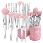 Bueart Design 16Pcs ULTRA SOFT labeled Makeup Brushes set with brush Holder face brush for Foundation Powder Blending Blush wooden Handle(16Pcs White+Pink Holder)