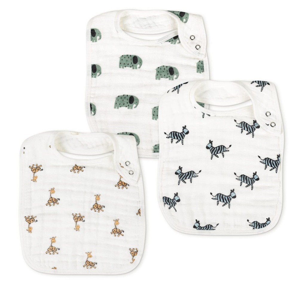Snap Muslin Bibs for Boys & Girls, 3-Pack Baby Bibs for Infants, Newborns and Toddlers, 100% Cotton Muslin Absorbent & Soft Layers, Adjustable Snaps,Animal Party