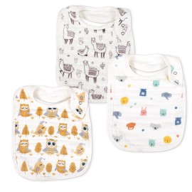 Snap Muslin Bibs for Boys & Girls, 3-Pack Baby Bibs for Infants, Newborns and Toddlers, 100% Cotton Muslin Absorbent & Soft Layers, Adjustable Snaps,Owl,Bear,Alpaca