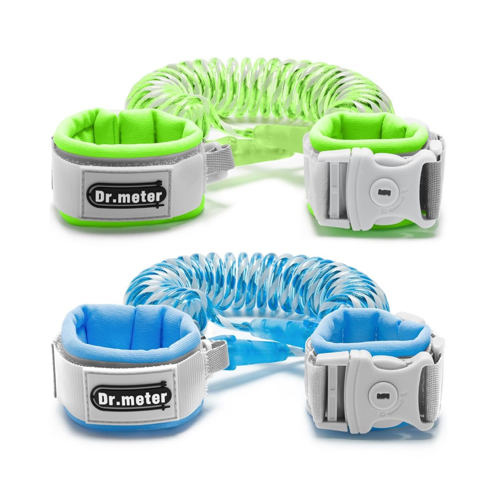 Dr.meter Anti Lost Wrist Link, 2 Pack Toddler Safety Leash with Key Lock, Reflective Child Walking Harness - Dual 8.2ft Length Blue & Green Kids Leash for Supermarket Mall Airport Amusement Park Zoo