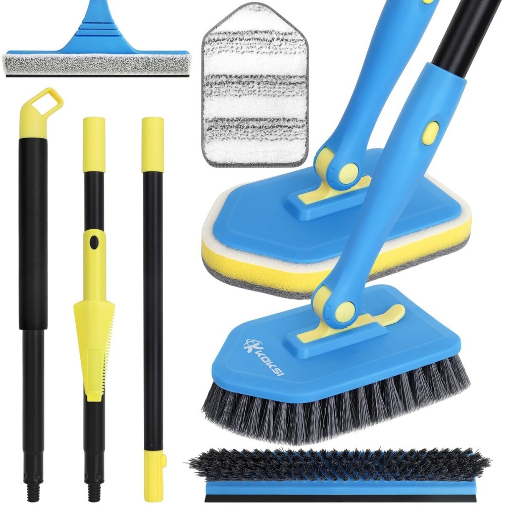 Extendable Cleaning Brush 51 with Stiff Bristles, Scouring Pad, Microfiber Pad, V-Shape Scrub Brush & Squeegee for Bathroom, Shower & Tile Cleaning