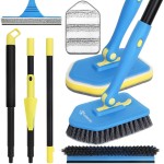Extendable Cleaning Brush 51 with Stiff Bristles, Scouring Pad, Microfiber Pad, V-Shape Scrub Brush & Squeegee for Bathroom, Shower & Tile Cleaning