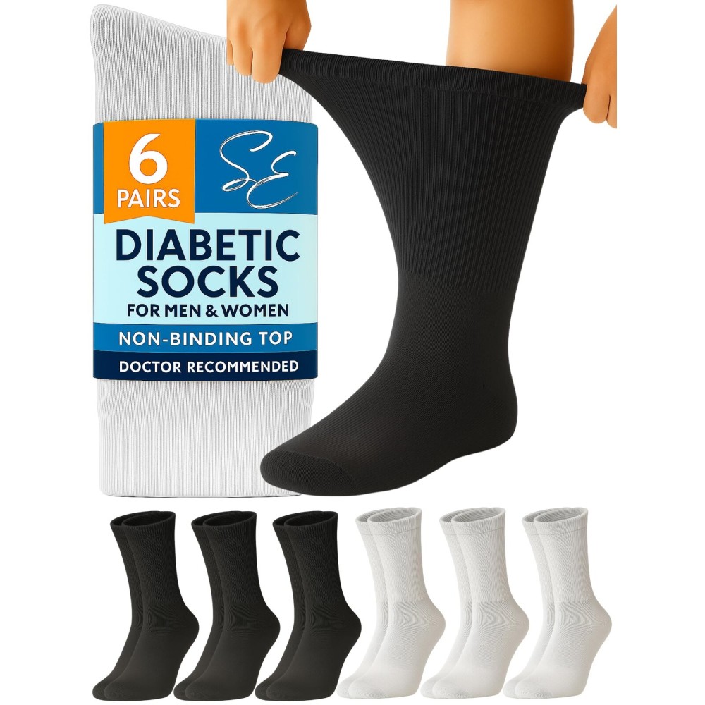 Special Essentials Diabetic Socks for Men & Women - 6 Pairs of Non-Binding Extra Wide Top Cotton Neuropathy Socks - Crew Length, Black and Gray, 9-11
