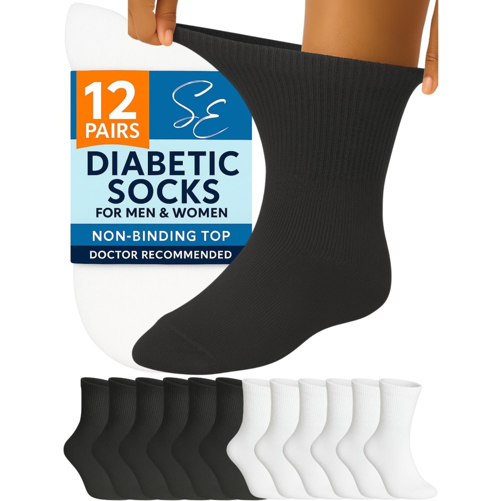 Special Essentials 12 Pairs Cotton Diabetic Ankle Socks - Non-Binding With Extra Wide Top For Men and Women White and Black 10-13