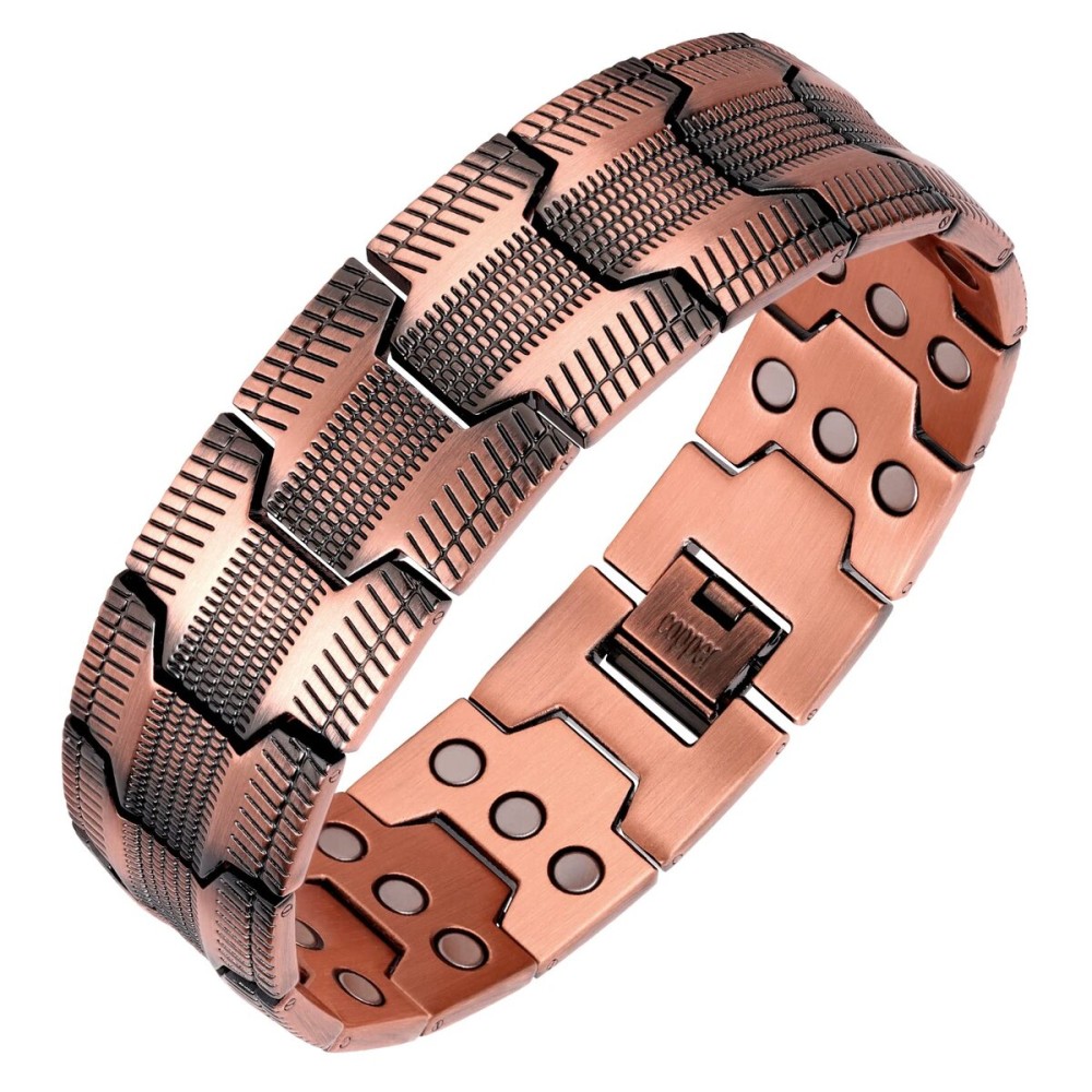 Feraco 3X Strength Copper Bracelets for Men Magnetic Bracelet with 3 Row Neodymium Magnets Adjustable Length, Pure Copper Jewelry Gifts for Men (Copper, Tyre Graphics)