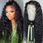 FIRIEYA 13x4 Deep Wave Lace Front Wigs Human Hair 180% Density Glueless HD Transparent Lace Frontal Human Hair Wigs Pre-Plucked Natural Color (22inch, Natural Black)