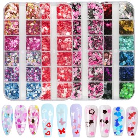 AddFavor 4 Boxes Valentine Nail Glitter Mixed Shaped Pink Purple White Heart Flower Colorful Round Sequins Lash Decals for Art Decoration/False Eyelash Decor