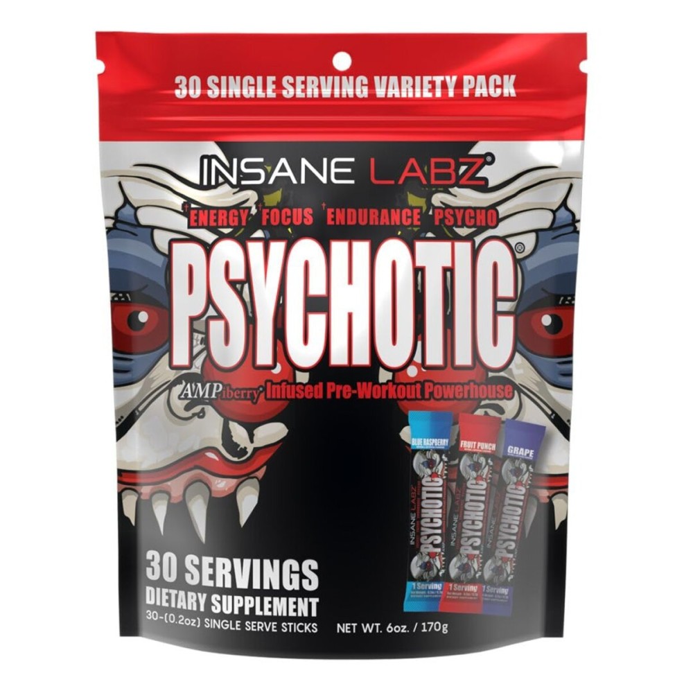 Insane Labz Psychotic, High Stimulant Pre Workout Powder, Extreme Lasting Energy, Focus and Endurance with Beta Alanine, Creatine Monohydrate, DMAE, (Variety, 30 Servings)
