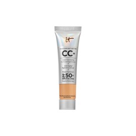 IT Cosmetics CC+ Cream Travel (Tan Warm) - Natural Full Coverage Foundation With SPF 50+, Color Corrector & Anti-Aging Hydrating Serum, Hyaluronic Acid + Peptides, Up To 24H Wear - 0.4 fl oz