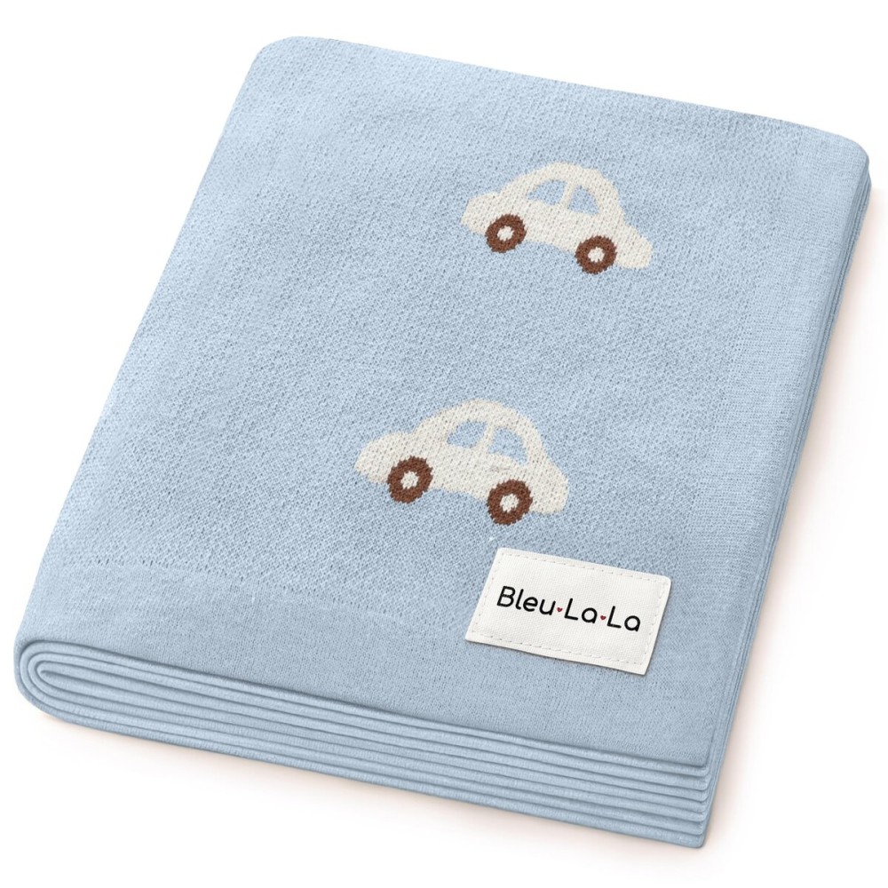 Bleu La La Baby Blanket for Boys 100% Cotton Buttery Soft Cozy Receiving Swaddle Stroller Blanket for Shower Gift Registry for Newborns, Infants, Toddlers (Cars - Baby Blue)