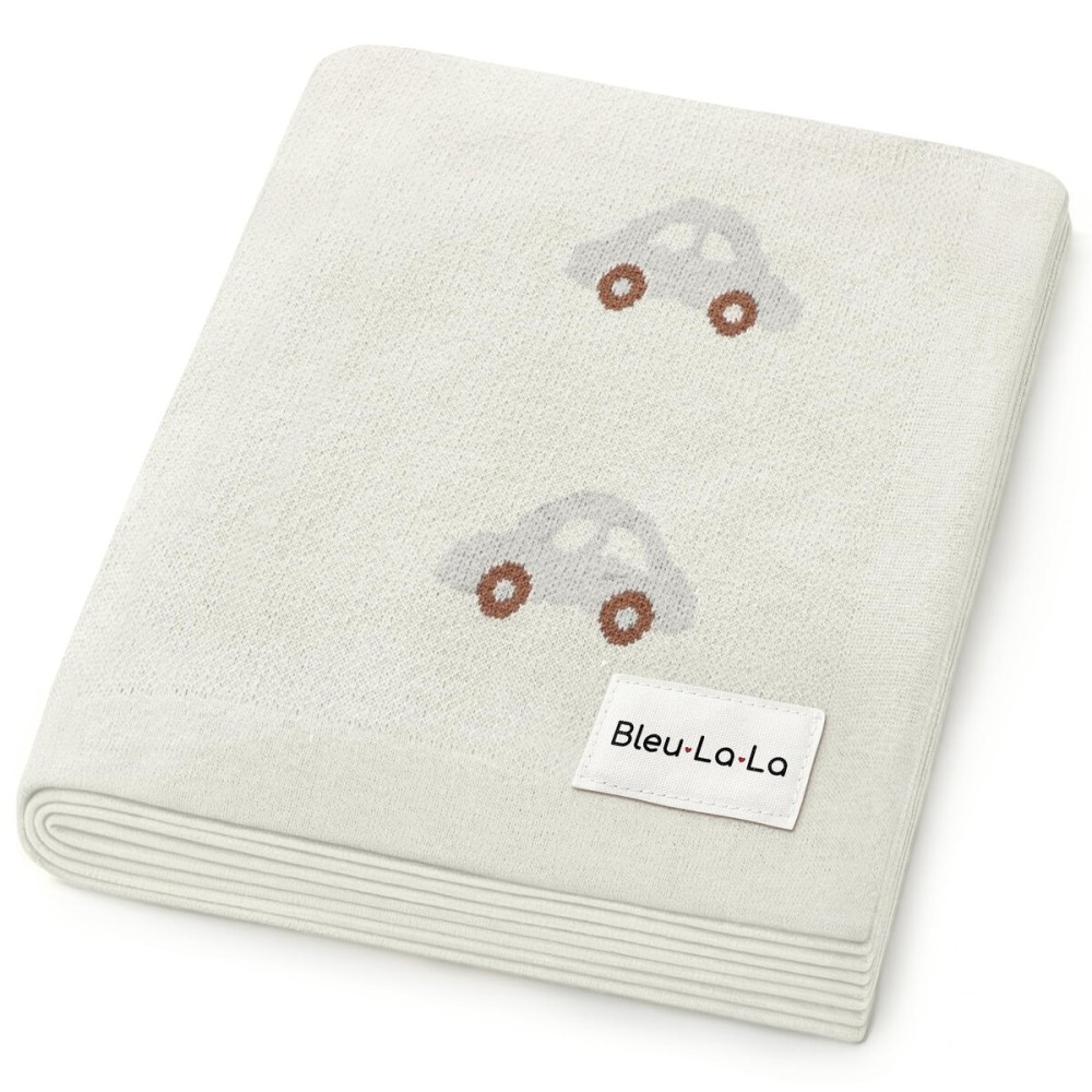 Bleu La La Knit Baby Blanket for Girls and Boys 100% Cotton Buttery Soft Cozy Receiving Swaddle Stroller Blanket for Shower Gift Registry for Newborns, Infants, Toddlers (Cars - Cream)