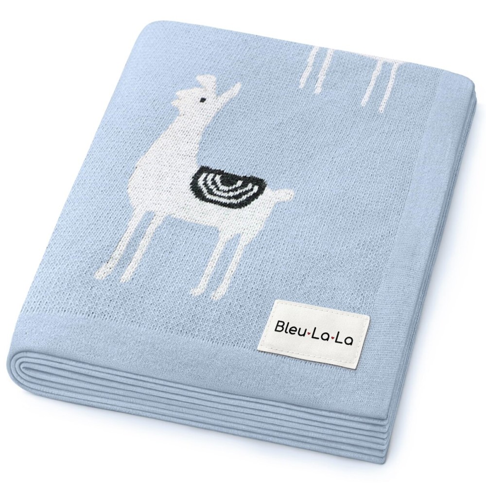 Bleu La La Baby Receiving Swaddle Stroller Blanket - 100% Fine Loomed Cotton Cozy Cuddle Crib Stroller Unisex Quilt Knit Blanket for Newborns Infants Toddler Boys and Girls (Llama - Baby Blue)