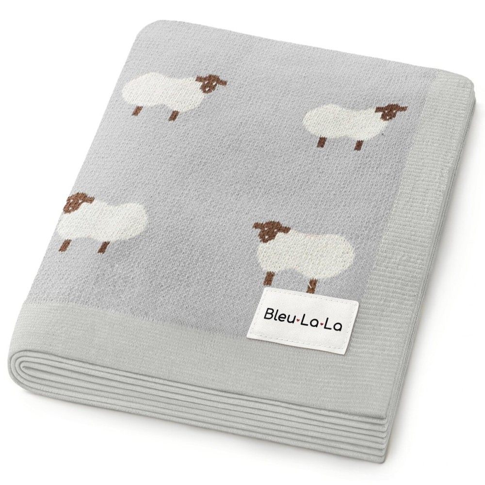 Bleu La La Knit Baby Swaddle Blanket - 100% Cotton Soft Cozy Lightweight Unisex Receiving Swaddling Stroller Quilt Blanket for Shower Gift Registry for Newborns Infants & Toddlers (Sheep - Grey)
