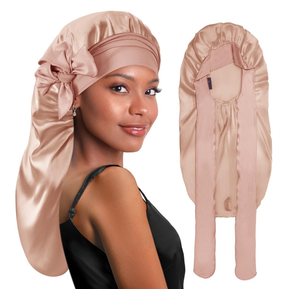 BONNET QUEEN Braid Bonnet Silk Bonnet Foldable Extra Long Wrap for Braids Satin Bonnets with Tie Band Long Sleep Cap, Champagne