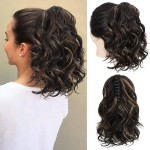 SEIKEA 12 Highlight Ponytail Extension, PT001 Ella Claw Short Thick Wavy Jaw Clip in Fake Pony Tails Fake Hair Soft Natural Looking Synthetic Hairpiece Darkest Brown Warm Medium Blonde Highlights