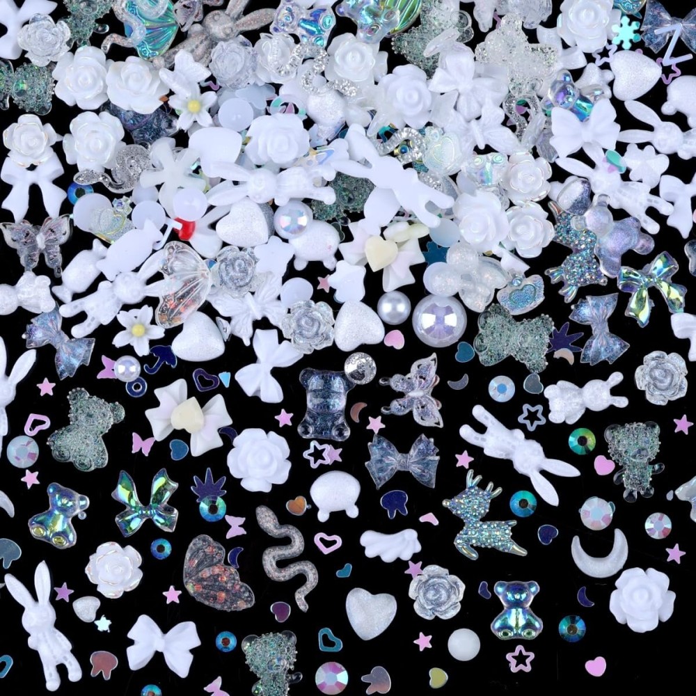 Sinyanail 300pcs Nail Art Charms Kit,Over 100pcs Mixshape Resin Nail Gems and 100 pcs Mixed Flatback Nail Rhinestones Pearls with Over 100pcs Nail Sequins for Nail Art Accessories(White)