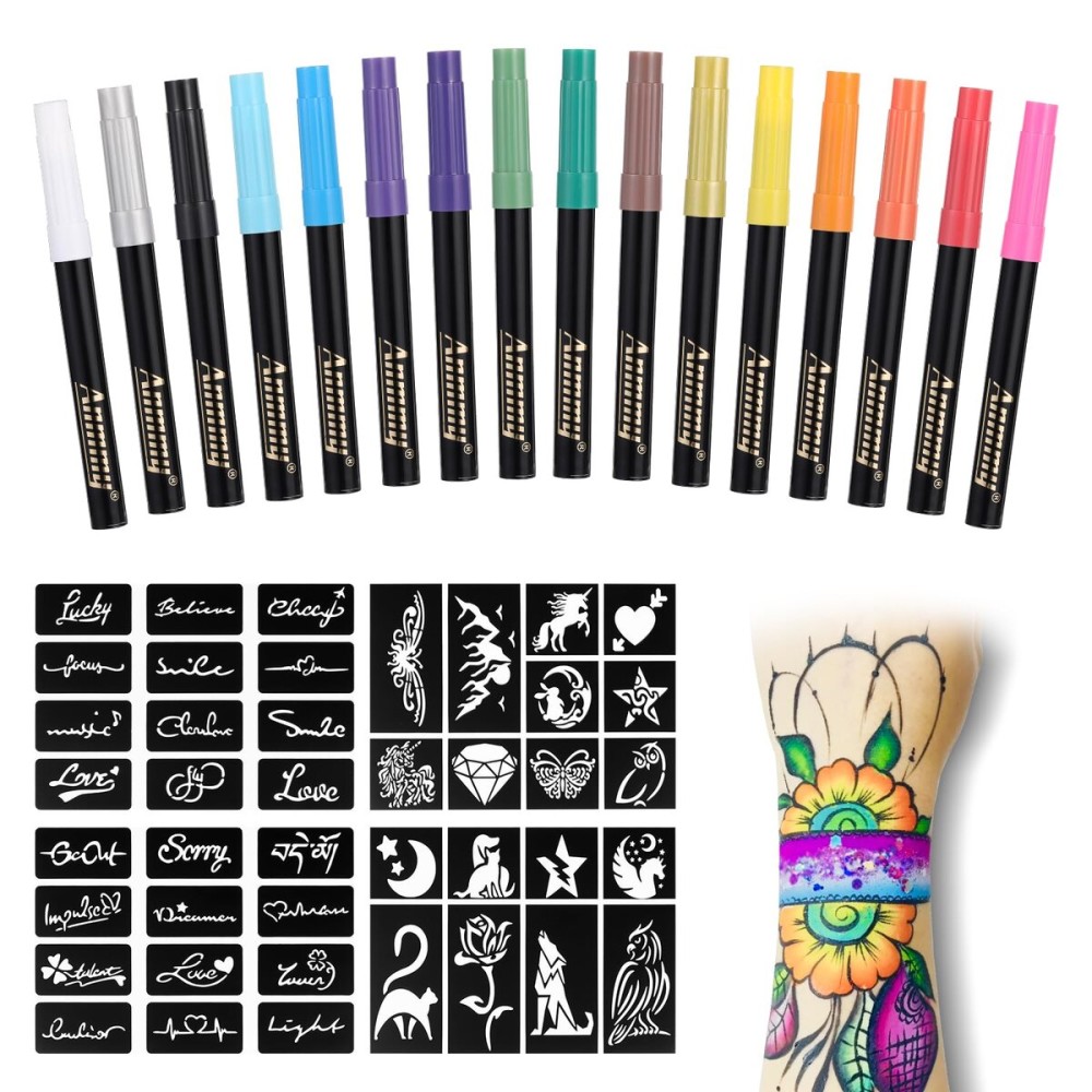 Anmmy Temporary Tattoo Markers for Skin, 16-Count Body Markers+77 Large Tattoo Stencils of Assorted Colors for kids and Adults, Flexible Brush Tip, Bright colors, Skin-Safe*, Cosmetic-Grade.