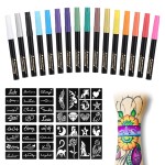 Anmmy Temporary Tattoo Markers for Skin, 16-Count Body Markers+77 Large Tattoo Stencils of Assorted Colors for kids and Adults, Flexible Brush Tip, Bright colors, Skin-Safe*, Cosmetic-Grade.