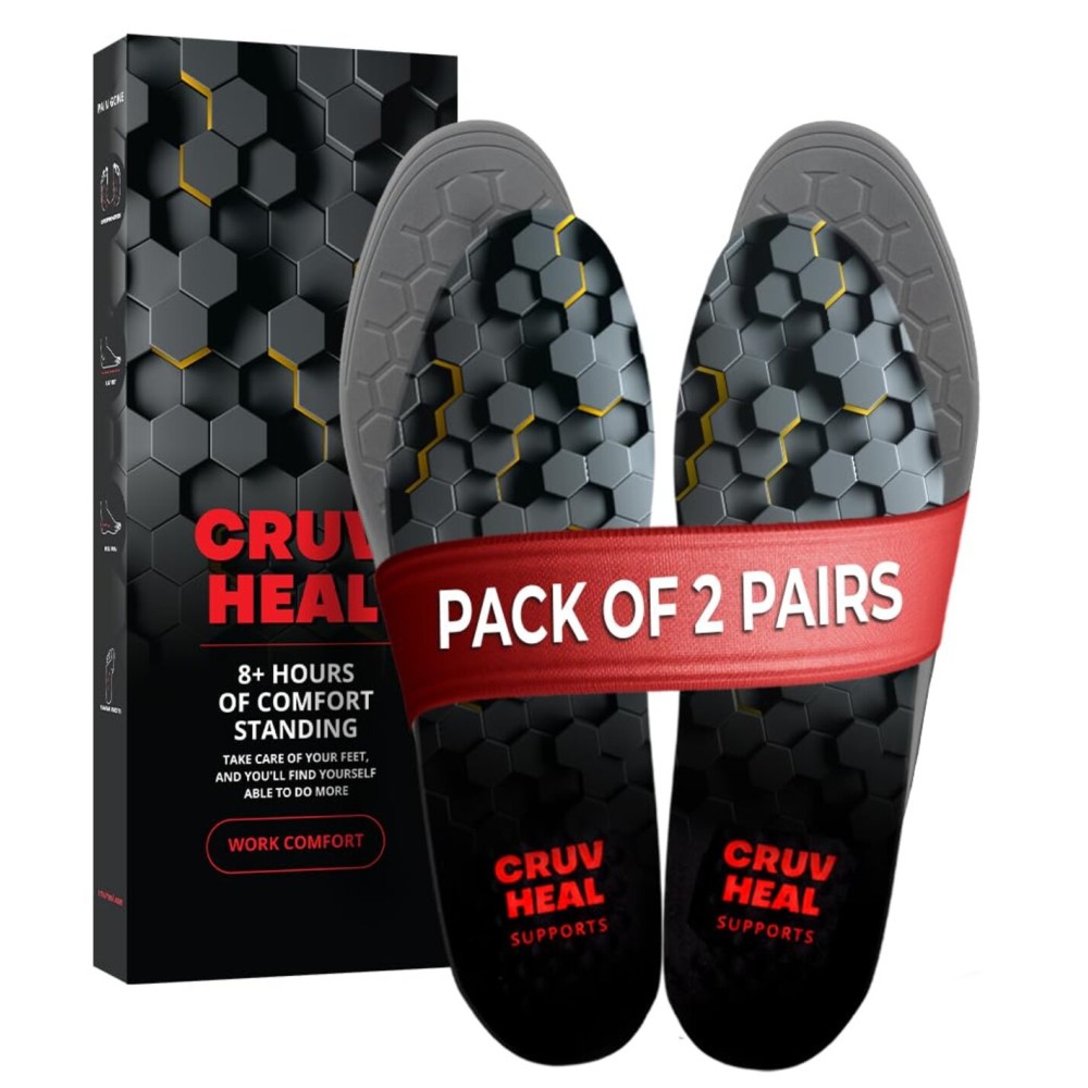 2 Packs of (New) Work Comfort Orthotic Insoles - Anti Fatigue Shoe Insert Men Women - Low Arch Support - Shock Absorption - Foot Pain Relief - Work Boot Insoles (XL, Black)