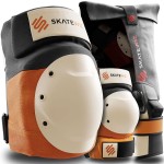 SKATEWIZ Knee and Elbow Pads Adult - Skating Protective Gear Adult - Shield - Size L Orange - Skateboard Pads with Wrist Guards for Inline Skates, Roller Skate - Ice Skates for Men