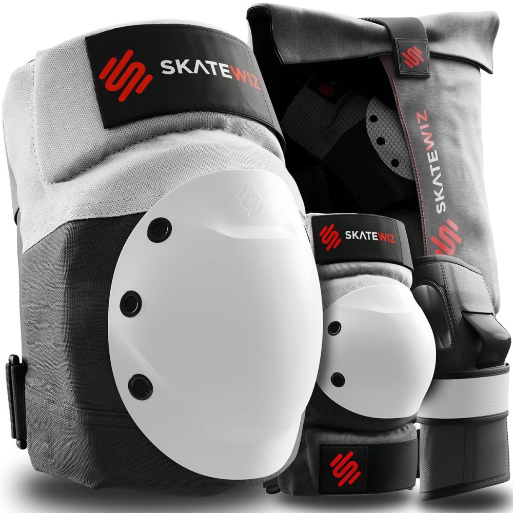SKATEWIZ Knee and Elbow Pads Adult - Skating Protective Gear Adult - Shield - Size M Grey White - Skateboard Pads with Wrist Guards for Inline Skates, Roller Skate - Ice Skates for Women