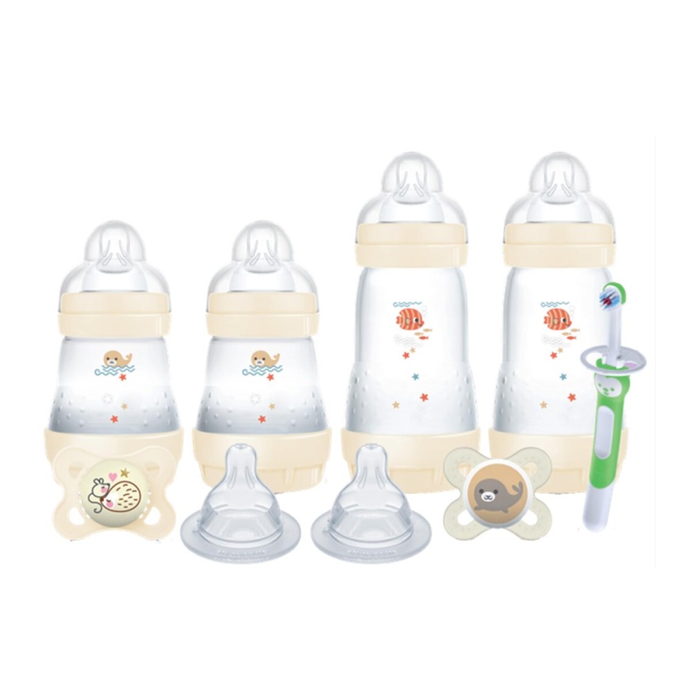 MAM Welcome Home Feeding Set, Newborn Essentials Must Have for 0-3 Months, Including 9 Piece, Easy Start Anti-Colic Baby Bottle, Pacifiers, Skinsoft Silicone Nipples, Training Toothbrush, Baby Gift
