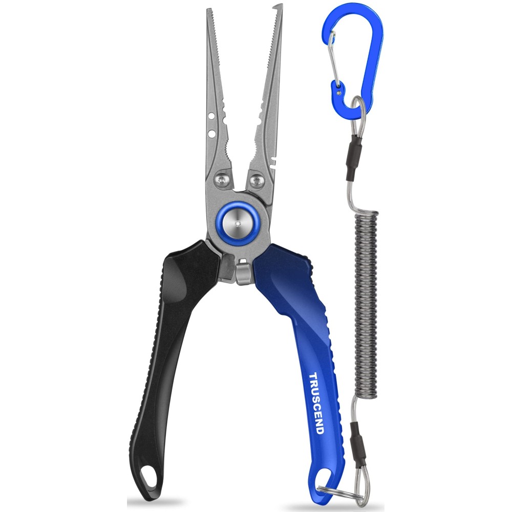 TRUSCEND Lockable Handy Fishing Pliers with Innovative Ergonomic Handle, Saltwater Corrosion Resistant Teflon Coated Fishing Tool, Multi-Function Fishing Gear with Mo-V Cutter, Amazing Fishing Gift