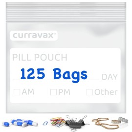 CURRAVAX Pill Pouch Bags for Travel Pack of 125- BPA Free 3 x 2.75 inch Pill Pouch - Pill Pouches for Medicine with Write on Label -Clear Ziplock Pill Baggies for Medicine Organizer