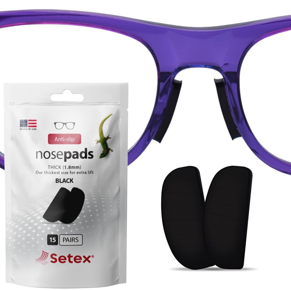Setex Gecko Grip 1.8mm Thick Anti Slip Eyeglass Nose Pads, (Bulk Pack 15 Black Pair) USA Made, 2500 Innovative Microstructured Fibers per Nose Pad, 1.8mm x 7mm x 16mm