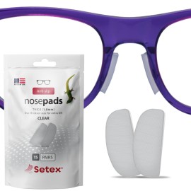 Setex Gecko Grip 1.8mm Thick Anti Slip Eyeglass Nose Pads, (Bulk Pack 15 Clear Pair) USA Made, 2500 Innovative Microstructured Fibers per Nose Pad, 1.8mm x 7mm x 16mm