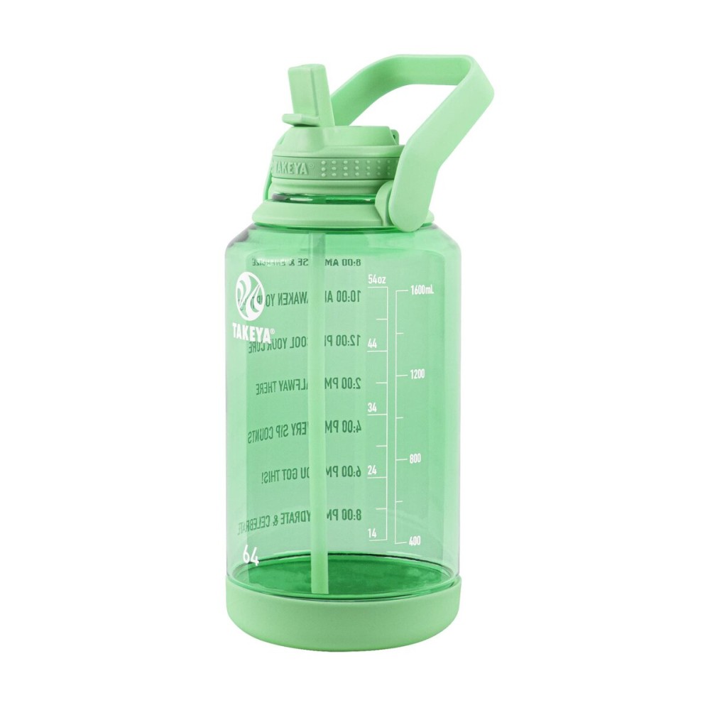 Takeya Tritan 64 oz Motivational Water Bottle with Straw Lid - Durable, BPA-Free - With Time Marker - Leakproof & Non-Slip Bumper - Pistachio Green
