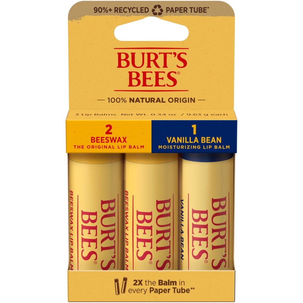 Burt\'s Bees Moisturizing Lip Balm, 2 Original Beeswax and 1 Vanilla Bean, 100% Natural Origin, 0.34 Ounce Each, 3 Paper Tubes, Pack May Vary