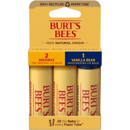 Burt\'s Bees Moisturizing Lip Balm, 2 Original Beeswax and 1 Vanilla Bean, 100% Natural Origin, 0.34 Ounce Each, 3 Paper Tubes, Pack May Vary