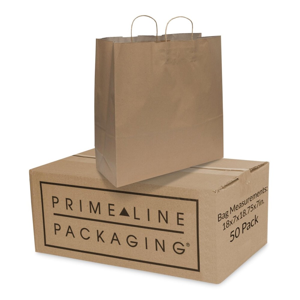 Prime Line Packaging Brown Paper Bags, Extra Large Shopping Bags with Handles for Small Business, Boutiques, Grocery, Retail Stores, Bulk, 18x7x18.75 50, Pack