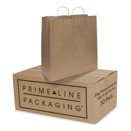 Prime Line Packaging Brown Paper Bags, Extra Large Shopping Bags with Handles for Small Business, Boutiques, Grocery, Retail Stores, Bulk, 18x7x18.75 50, Pack