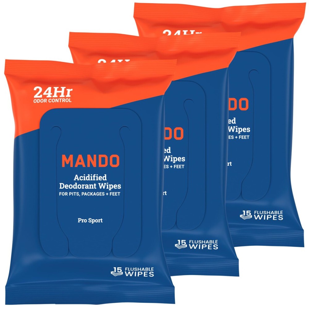 Mando Deodorant Wipes - 24 Hour Odor Control - Aluminum Free, Baking Soda Free, Skin Safe (15 Count (Pack of 3)