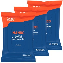 Mando Deodorant Wipes - 24 Hour Odor Control - Aluminum Free, Baking Soda Free, Skin Safe (15 Count (Pack of 3)